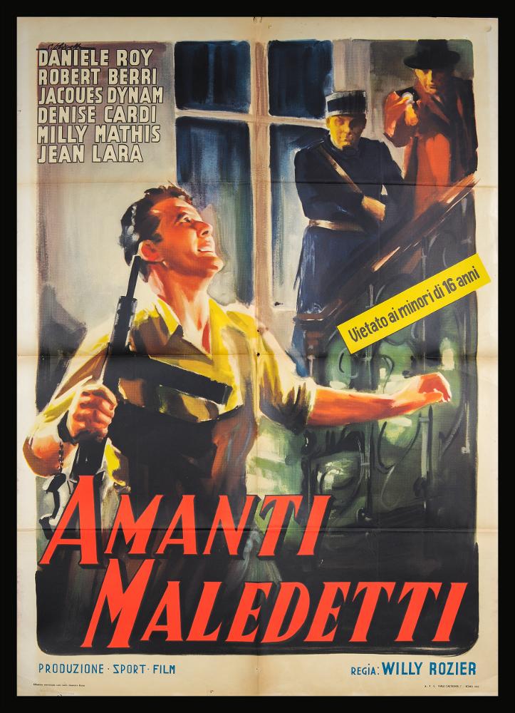 L'immagine riproduce uno dei manifesti conservati presso la Mediateca Regionale Pugliese (vedi Note). Si tratta di una delle versioni grafiche del manifesto del film francese "Gli amanti maledetti". L'affascinante composizione è ad opera di Giorgio Olivetti, pittore di cinema, classe 1908, autore che si differenziò caratterizzando le sue prime opere con uno stile morbido, sfumato, fatto di acquerelli delicati che rendono il volume anche grazie ad un uso sapiente dei chiaroscuri. L'artista dona uno stile moderno e drammatico a quest'opera, adoperando un uso sapiente della luce e usando colori caldi, tratti veloci e sfumati per delineare e raccontare il tema poliziesco del film....