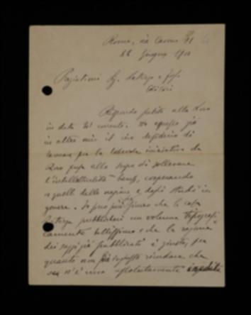 Nella lettera, Paolo Orano abbassa l'importo del compenso richiesto inizialmente e comunica all'editore che partirà con la pubblicazione non appena riceverà un acconto. Infine chiede, secondo la consuetudine propria delle case editrici, non meno di 12 copie del volume.