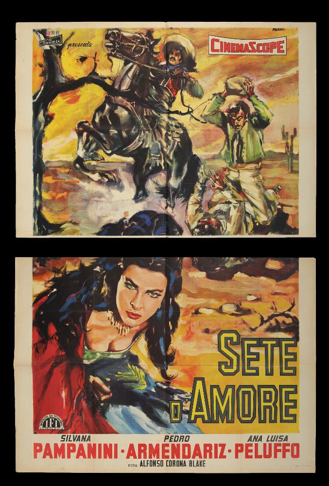 L'immagine riproduce uno dei manifesti conservati presso la Mediateca Regionale Pugliese (vedi Note). Si tratta di una delle versioni grafiche del manifesto del film messicano "Sete d'amore". L'illustratore Morini firma questa composizione, molto descrittiva, con un unico grande momento narrativo che occupa lo spazio. Lo stile di Morini si contraddistingue spesso per la pittura fatta di pennellate vivaci e intensi contrasti tonali, come in questo caso, che accentuano la drammaticità del racconto e del film. Spicca su tutto il primo piano bellissimo e realistico dell'attrice italiana Silvana Pampanini, che guarda dritto al fruitore. Il manifesto originale è conservato in due parti, come si evince dalla riproduzione digitale che evidenzia i due pezzi separati....