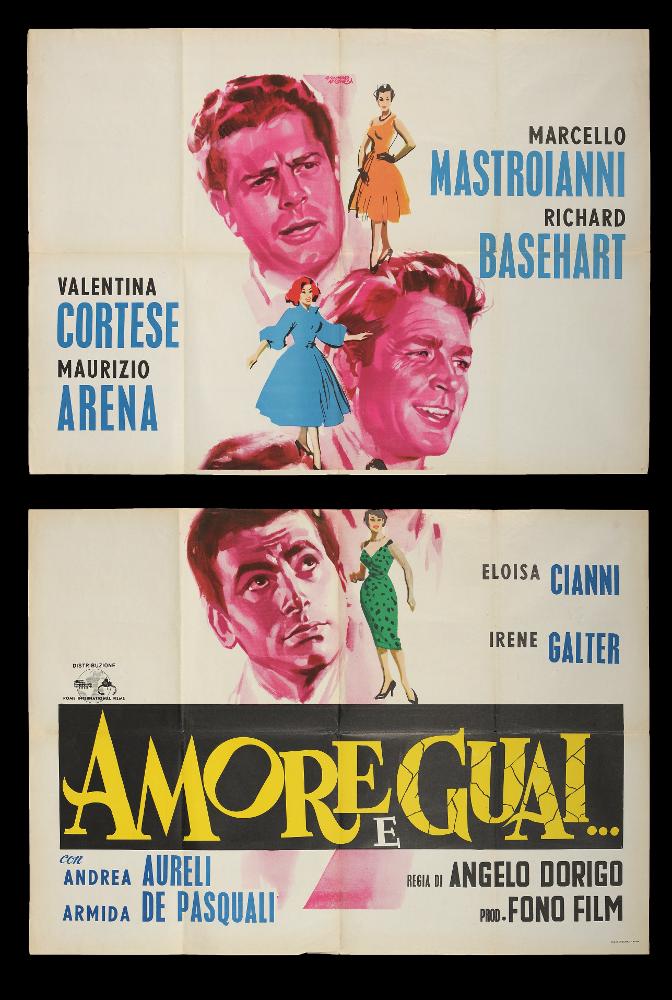 L'immagine riproduce uno dei manifesti conservati presso la Mediateca Regionale Pugliese (vedi Note). Si tratta di una delle versioni del manifesto del film italiano "Amore e guai...". Giuliano Nistri firma questa vivace illustrazione pittorica, in cui colpisce questa composizione dinamica concepita in verticale, fatta di una serie di ritratti molto realistici sulle vivide tonalità del rosa-rosso, in cui si riconoscono Marcello Mastroianni, Richard Basehart e Maurizio Arena. Nistri è un pittore talentuoso, alla ricerca costante di composizioni intense, ma sempre nuove e d'impatto visivo. Le sue scene cupe e drammatiche, con chiaroscuri accentuati sono sempre stati la sua nota stilistica, ma per questa commedia italiana sceglie colori brillanti e un fondo bianco, come in...