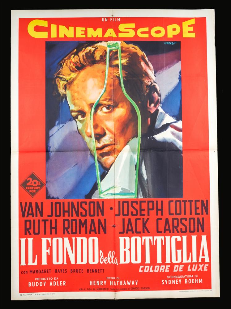“Il fondo della bottiglia” (titolo originale “The Bottom of the Bottle”) è un film statunitense del 1956 diretto da Henry Hathaway, con sceneggiatura di Sydney Boehm e Georges Simenon.
È un film drammatico basato sul romanzo omonimo di Georges Simenon, scritto durante il soggiorno a Nogales, in Arizona. Vede come protagonisti Van Johnson, Joseph Cotten e Ruth Roman. 1956
Il manifesto cinematografico è firmato dal celebre pittore di cinema Manfredo Acerbo (pseudonimo Manfredo). Abruzzese di nascita, si forma a Roma all'Accademia di Belle Arti. La sua carriera lavorativa lo vede insegnante di pittura, grafico e illustratore per il cinema. Il suo stile è contraddistinto da un segno grafico espressionista, dall'accostamento del nero a colori accesi e da una composizione fat...