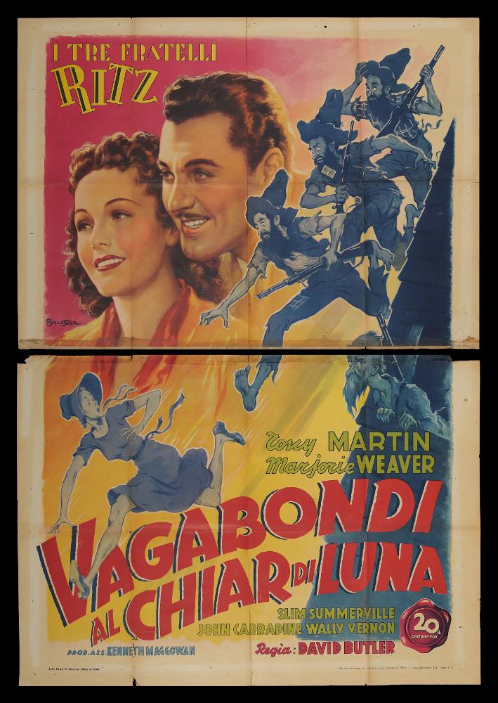 L'immagine riproduce uno dei manifesti conservati presso la Mediateca Regionale Pugliese (vedi Note). Si tratta di una delle versioni grafiche del manifesto del film in bianco e nero “Vagabondi al chiar di luna”, del 1938 per la regia di David Butler, a firma di Anselmo Ballester. Classe 1897, spagnolo di origine, è considerato tra i capostipiti della pittura di cinema per la sua formazione presso lo studio pubblicitario dedicato al cinema fondato dal padre Federico insieme a Martinati e Capitani. La composizione grafica di questo manifesto si distanzia molto dallo stile del Ballester caratterizzato dall’uso di colori molto scuri e dalla predilezione per le scene più drammatiche del film per un racconto visivo. Sullo sfondo il ritratto di una coppia di personaggi, immor...