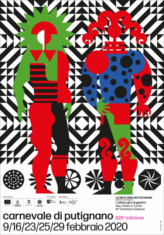 Il poster è opera del famoso designer italiano Mauro Bubbico, con un design ispirato al Carro allegorico dal titolo “L’ultimo giro di giostra”, firmato dal maestro cartapestaio Domenico Galluzzi dell’Associazione Chiaro e Tondo.
Per la sua 626ª edizione, la Fondazione Carnevale di Putignano ha affidato la direzione artistica del Carnevale al Maestro Professor Mauro Bubbico, uno dei massimi designer italiani, dal 2017 membro dell’Alliance Graphique Internationale (AGI), l’organizzazione che riunisce i migliori grafici, designer e illustratori internazionali.
Per questa edizione Bubbico ha reinterpretato con una nuova grafica la maschera storica di Farinella e ha realizzato preziose stilizzazioni grafiche per ognuno dei sette Carri Allegorici in gara, traendo ispirazione ...