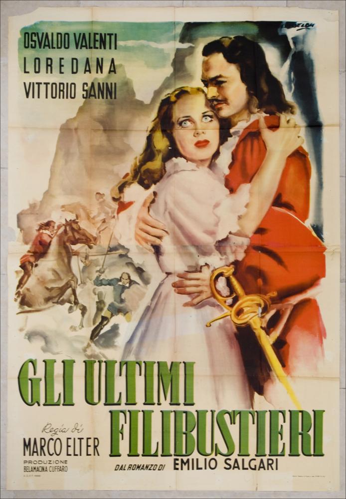 L'immagine riproduce uno dei manifesti conservati presso la Mediateca Regionale Pugliese, esaminati in "Cinema al muro: Angelo Cesselon" (vedi Note). Il manifesto fa perno sulla scena dell'abbraccio di Neala, interpretata da Loredana, ed Enrico di Ventimiglia, suo fratello, figlio del Corsaro Rosso interpretato da Vittorio Sanni. Il personaggio maschile è raffigurato con tradizionale e stereotipata divisa da pirata con l'immancabile spada al fianco; egli sembra soddisfatto dell'impresa. La donna, terrorizzata dall'evento guarda verso un punto fisso fuori dal manifesto. Il sontuoso vestito rosa pallido, lascia presagire il benessere economico per il quale la giovane donna era ambita come sposa. Dietro di loro, in un paesaggio montano, cavalcano minacciosi, i filibustieri...