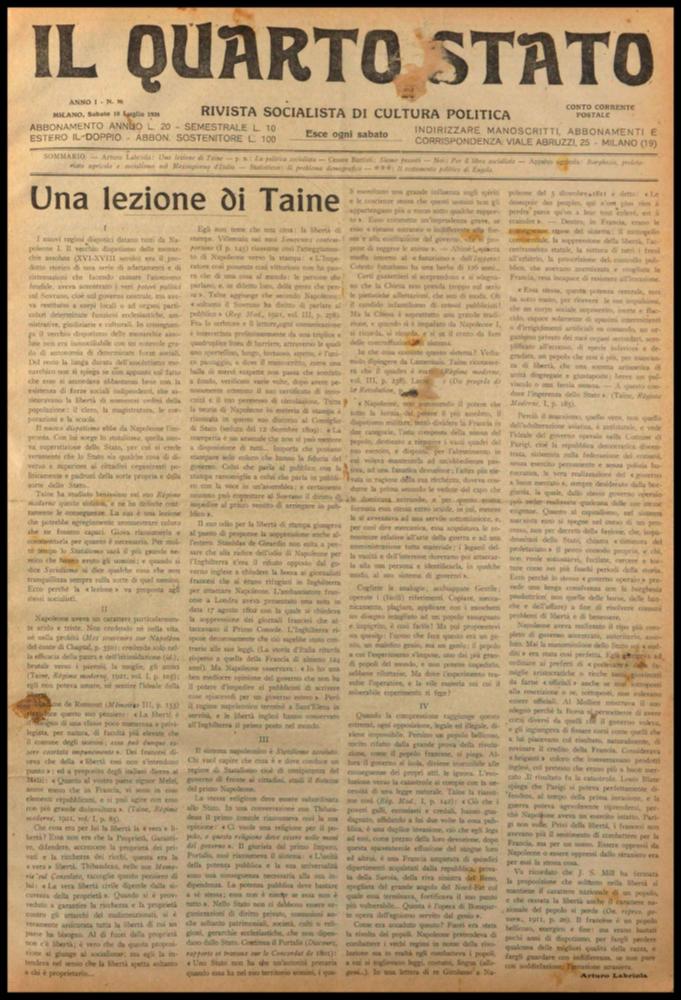 ll documento digitale è parte della collezione dell’emeroteca storica posseduta dall’Istituto pugliese per la storia dell’antifascismo e dell’Italia contemporanea di Bari (IPSAIC). Nello specifico la risorsa in oggetto riproduce il numero 16 del settimanale di attualità politica, fondato da Pietro Nenni e Carlo Rosselli, “Il Quarto Stato – Rivista socialista di cultura politica”, distribuito per un solo anno. Pubblicato il 10 luglio 1926, in terza pagina il giornale riporta un articolo sul problema demografico, sollevato come "un grido d'allarme" dal Piemonte e sul quale Fascismo e Chiesa trovavano un punto di coincidenza. Si osservò all'epoca ad un pericolo di decadimento demografico dovuto ad esempio a motivi salariali o alle "avverse e deleterie condizioni sociali" r...