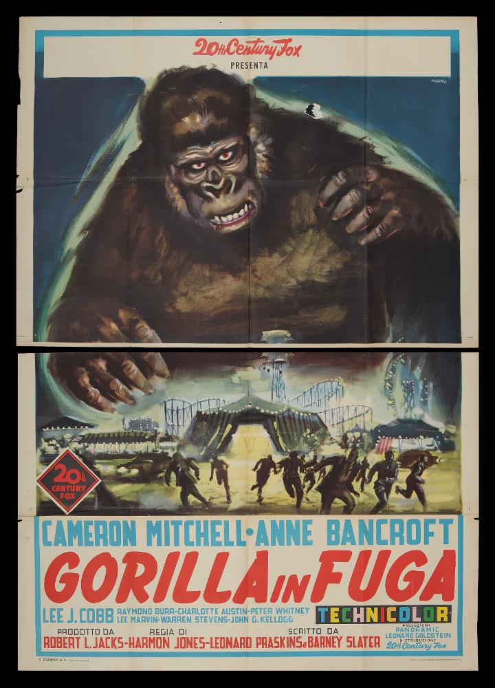 “Gorilla in fuga” (Gorilla at Large) è un film statunitense del 1954 diretto da Harmon Jones.
È un film thriller ambientato in un circo originariamente girato in 3-D con protagonisti Cameron Mitchell, Anne Bancroft e Lee J. Cobb.
Il manifesto cinematografico è opera del celebre pittore di cinema Dante Manno, artista romano classe 1911 che ha dedicato la sua carriera alla pittura di cinema, con il suo stile classico e la sua grafica moderna. Manno si specializza nell’uso dell’acquerello e della tempera, usa colori compatti e pastosi, dove le ombre sono scure e drammatiche, come vediamo nel gigantesco gorilla che sovrasta la scena.
Il manifesto originale è conservato nell’Archivio della Mediateca Regionale Pugliese ed è costituito da due fogli separati....