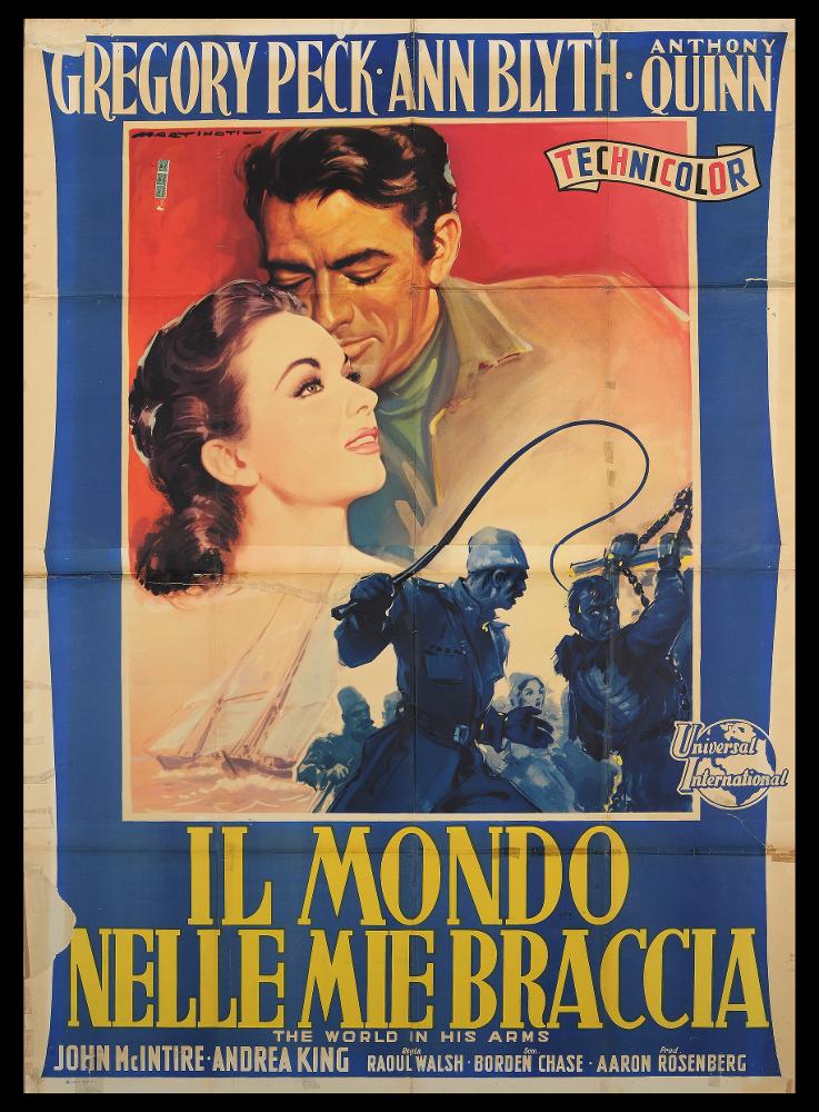 L'immagine riproduce uno dei manifesti conservati presso la Mediateca Regionale Pugliese (vedi Note). Si tratta del manifesto del film "Il mondo nelle mie braccia", la cui illustrazione è a firma di Martinati. Toscano di nascita, Luigi Martinati può considerarsi uno degli interpreti più significativi della prima maniera del manifesto di cinema. La composizione, riconoscibile nel suo bel stile all'italiana raffinato, presenta i tratti tipici della sua pittura. Rispetto agli altri manifesti conservati qui nella collezione ad opera del pittore, si notano più elementi narrativi: Gregory Peck e Ann Blyth sono raffigurati insieme nel loro amore e occupano gran parte dello spazio, interrotto solo dalla piccola scena monocolore che rende il dramma dell'arresto di Clark. Colori ...
