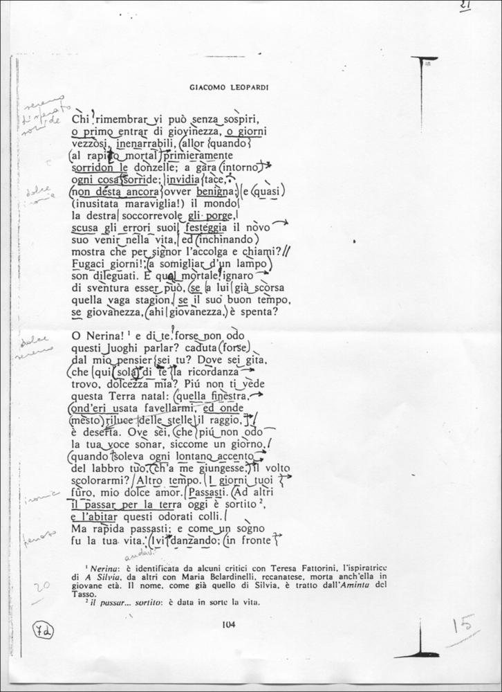 L'immagine è una scansione, da originale, di una pagina con i versi de “Le ricordanze” di Giacomo Leopardi, con scritte a matita di Riccardo Cucciolla, il cui foglio originale fu esposto insieme agli altri, in occasione della mostra "Riccardo Cucciolla - Ritratto d'Attore". Organizzata e voluta dall'Associazione culturale "Attraverso lo Spettacolo", insieme al Servizio Biblioteca e Comunicazione Istituzionale del Consiglio Regionale e l'Assessorato al Mediterraneo, Cultura e Turismo della Regione Puglia, d'intesa con l'Università di Bari, la temporanea fu allestita presso il Centro Polifunzionale per gli Studenti dell'Università degli Studi di Bari (Ex Palazzo Poste) dal 9 al 16 novembre 2012, con l'obiettivo di onorare la memoria dell'attore pugliese riportandola all'a...