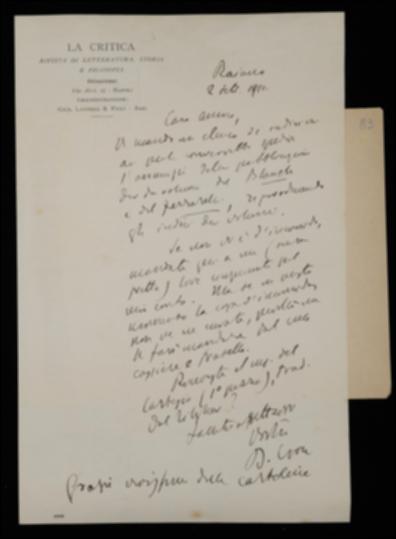 Nella lettera, Benedetto Croce, invitando Giovanni Laterza a far spedire la pubblicità dei volumi di Luigi Blanch e Giuseppe Ferrarelli ad alcuni indirizzi elencati in allegato, gli domanda se abbia ricevuto il manoscritto della traduzione al volume di René Descartes curata da Adriano Tilgher e lo ringrazia per le cartoline inviategli.