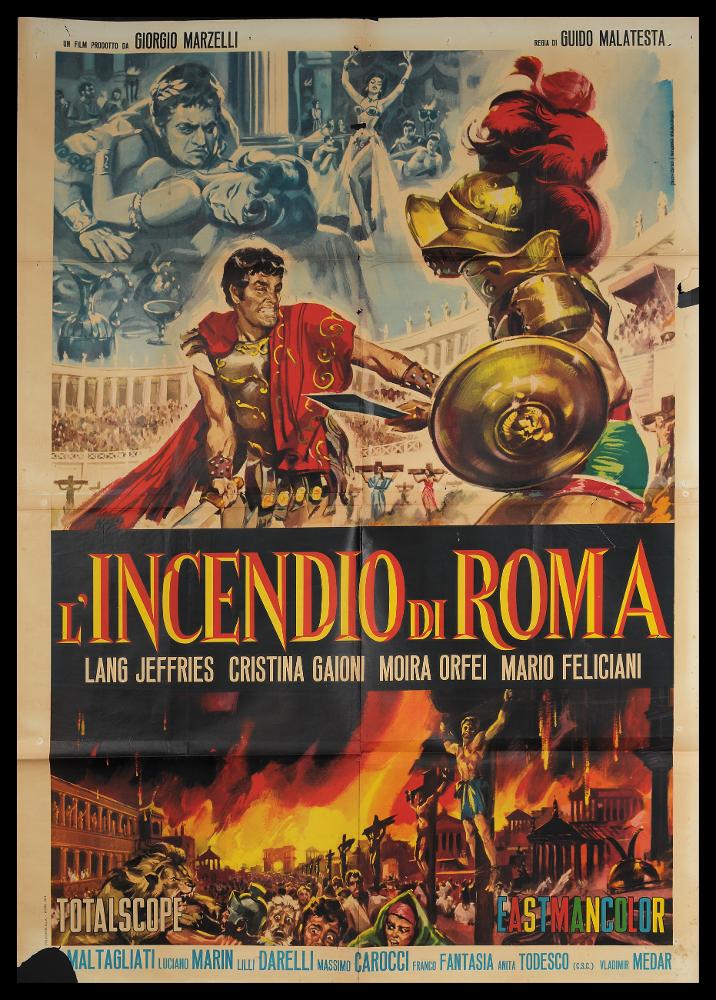 L'immagine riproduce uno dei manifesti conservati presso la Mediateca Regionale Pugliese (vedi Note). Si tratta di uno dei manifesti del film “L’incendio di Roma” del 1965 per la regia di Guido Malatesta. La composizione grafica è a firma dell’artista Piovano Mario per lo Studio Paradiso, come si evince dalla firma in alto a destra. La composizione grafica del manifesto è molto articolata, si può suddividere il foglio in due parti, superiore ed inferiore. Nella parte superiore l’artista rappresenta il combattimento tra il console Marco Valerio e un gladiatore, in una arena gremita di gente, non riconoscibile ma disegnata come una massa informe. Sempre nell’arena è possibile riconoscere cristiani crocifissi. Sullo sfondo della parte superiore, in grigio, è rappresentata ...