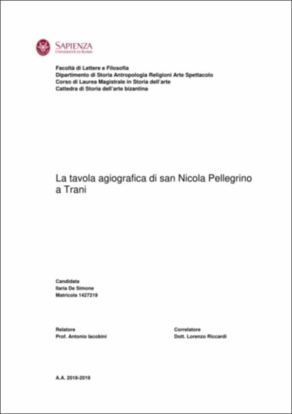 <div class="ql-editor"><div>Questa tesi di laurea digitalizzata “La tavola agiografica di san Nicola Pellegrino a Trani”, studio di Ilaria De Simone per il Corso di Laurea Magistrale in Storia dell’arte presso l’Università di Roma La Sapienza (relatore prof. Antonio Iacobini e correlatore dott. Lorenzo Riccardi), offre una lettura interessante per lo studio dell'icona agiografica di san Nicola Pellegrino a Trani, attraverso un’analisi approfondita della storia, l'iconografia e il contesto storico-culturale.</div><div>L'indagine condotta è interessante per comprendere la storia del Santo e l'importanza del suo culto.</div><div>Nella città di Trani (BT) i festeggiamenti in onore di San Nicola il Pellegrino, morto in città ...