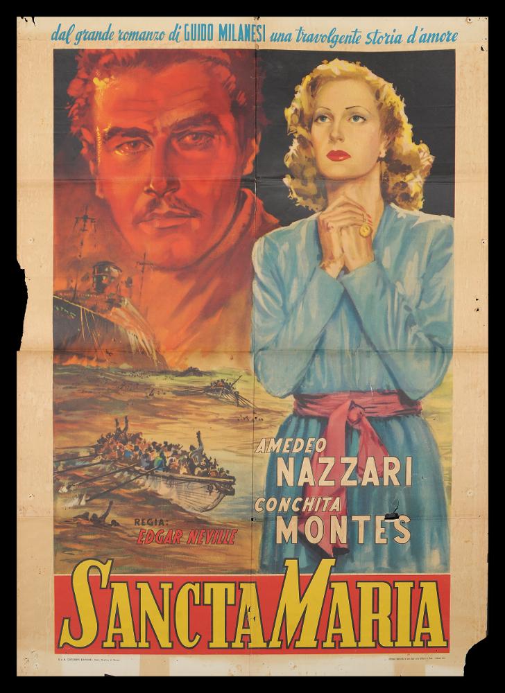 L'immagine riproduce uno dei manifesti conservati presso la Mediateca Regionale Pugliese (vedi Note). Si tratta di una delle versioni del manifesto del film "Sancta Maria", opera cinematografica italiana del 1941. Seppur senza firma, l'anonimo artista dimostra in questo manifesto una consapevolezza pittorica matura, creando una composizione ordinata che rispetta i canoni della pittura di cinema di quel decennio. Il linguaggio è narrativo, figurativo, gli elementi sono disposti in ordine di importanza. In questo caso, Conchita Montes domina il primo piano a figura intera, in atto di preghiera con uno sguardo di invocazione. Il protagonista maschile, Amedeo Nazzari, è enfatizzato in un grande ritratto sullo sfondo, realizzato nelle tonalità dei rossi con sfumature arancio...