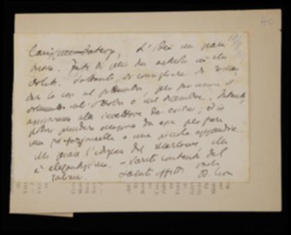 Nella cartolina, Benedetto Croce accoglie la proposta di Laterza di riunire in un volume due suoi saggi, ma ne rinvia la stampa di qualche tempo. Inoltre rassicura l'editore sul buon esito del volume di Ferdinando Galiani e si complimenta per l'elegante edizione del Marlowe.