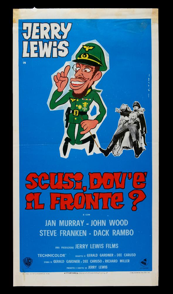 “Scusi, dov'è il fronte?” (titolo originale “Which Way to the Front?”) è un film del 1970 diretto da Jerry Lewis. La sceneggiatura è firmata da Gerald Gardner, Dee Caruso e Dick Miller. Tra gli interpreti principali, accanto allo stesso Jerry Lewis, Jan Murray, John Wood, Steve Franken, Dack Rambo.
La locandina cinematografica è opera di C. Tim, altra firma di C. Timperi, artista di cui non si hanno notizie. Lo stile grafico adottato per la realizzazione di questa locandina è moderno: su uno sfondo azzurro l’artista inserisce una divertente immagine a figura intera dell’attore protagonista del film (Jerry Lewis) in stile decisamente caricaturale e accanto una fotografia in bianco nero di una scena tratta dal film. In basso campeggia a caratteri rossi il titolo del film....