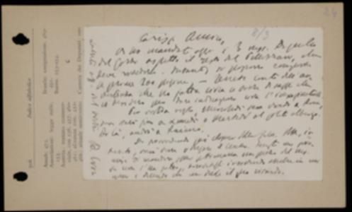 Nella cartolina, Benedetto Croce comunica a Giovanni Laterza che, dei tre manoscritti spediti per i primi volumi degli Scrittori d'Italia, quello di Carlo Gozzi è incompleto, essendo il resto presso Achille Pellizzari. Il filosofo esorta inoltre l'editore a concludere il volume di Georg W. Leibniz in attesa di altri manoscritti per i classici della filosofia; infine lo avverte del suo prossimo viaggio per Roma e poi per Raiano.