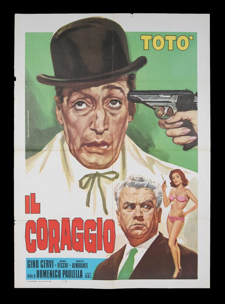 L'immagine riproduce uno dei manifesti conservati presso la Mediateca Regionale Pugliese (vedi Note). Si tratta del manifesto del film "Il coraggio", a firma dell'artista Piovano per lo Studio Paradiso, con cui realizzerà molte opere per il cinema. Come in altre illustrazioni in cui compare Totò, Piovano - sempre molto fedele al suo stile - risalta il ruolo e la figura dell'attore in una composizione ordinata, fresca e colorata, rivelandosi un abile ritrattista. I volti infatti sono molto realistici, esaltano le mimiche facciali tipiche non solo di Totò, ma anche di Gino Cervi. Immancabile nell'opera la presenza di una figura femminile, in stile pin-up, come in voga all'epoca....