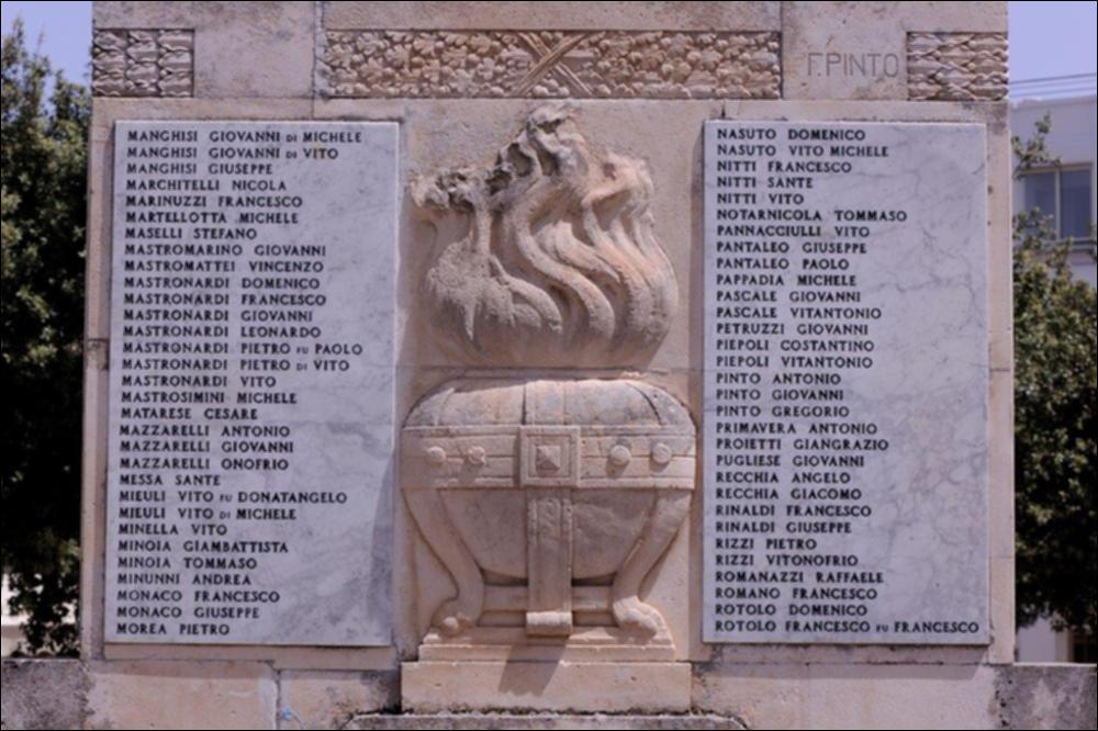 L'immagine digitale mostra un dettaglio significativo del Monumento ai Caduti di Castellana Grotte, ovvero la parte centrale con i basamenti in pietra sui cui lati sono incisi i nomi dei caduti in guerra. L'opera, realizzata nel 1921 da Francesco Pinto (in alto a destra si legge chiaramente la firma incisa), scultore originario di Castellana con studio a Firenze, fu poi rifatta nel 1948 quando Giovanni Laricchia sostituisce, con una iconografia completamente nuova, la scultura della patria in bronzo con una lampada votiva, che riprende stilisticamente quella in bassorilievo del retro.
