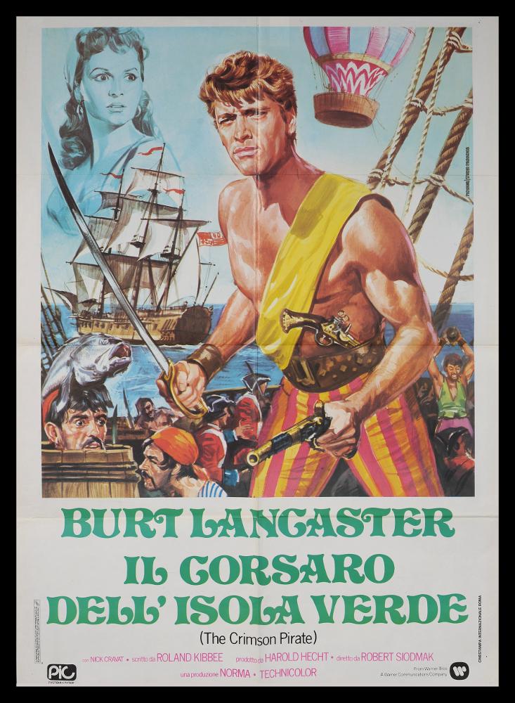 L'immagine riproduce uno dei manifesti conservati presso la Mediateca Regionale Pugliese (vedi Note). Si tratta di una delle versioni grafiche del manifesto del film di avventura "Il corsaro dell'isola verde", a firma di Piovano per lo Studio Paradiso, che insieme realizzeranno molti manifesti per il cinema a partire dagli anni ’60. Tutta la composizione di Piovano è fresca e narrativa, dà risalto all'atmosfera avventurosa che si respira in tutto il film, con la figura luminosa di Burt Lancaster in primo piano. Piovano sa delineare sempre in modo genuino scene e protagonisti con una pittura chiara, realistica ed espressiva. Notevoli i dettagli, molto descrittivi, che ci introducono direttamente nella scena, sulla nave dei corsari in mezzo al mare, e la figura di Eva Bar...