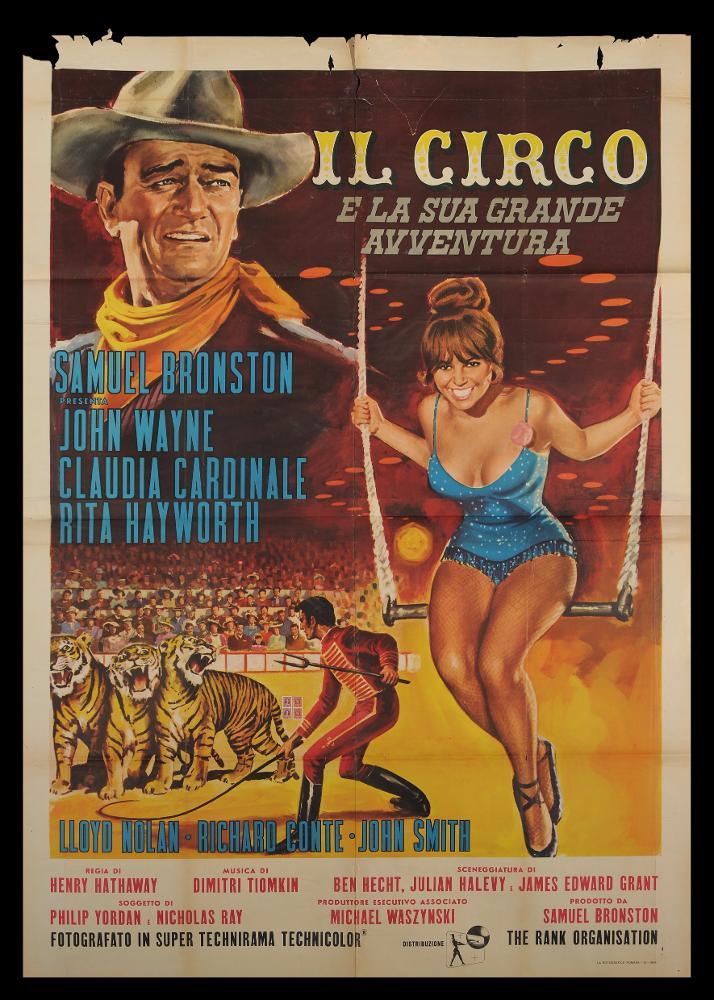 L'immagine riproduce uno dei manifesti conservati presso la Mediateca Regionale Pugliese (vedi Note). Si tratta del manifesto del film "Il circo e la sua grande avventura" del 1964 per la regia di Henry Hathaway. La composizione, dal grande formato, presenta diversi elementi, sullo sfondo un bellissimo ritratto di John Wayne, in primo piano, seduta sul trapezio, una sensuale Claudia Cardinale che sembra sorridere agli spettatori. A far da cornice una scena dello spettacolo con il domatore e le tigri all'interno del circo, sullo sfondo il pubblico. Le pennellate sono decise e compatte sui toni del marrone e senape, in azzurro il vestito della Cardinale e i nomi degli attori....