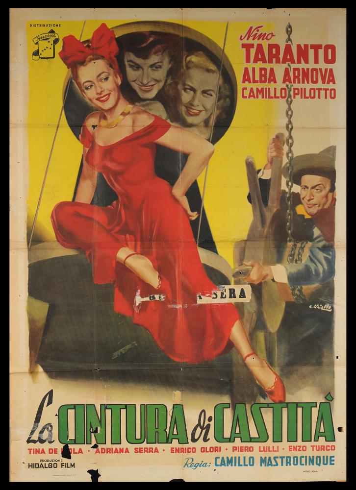 L'immagine riproduce uno dei manifesti conservati presso la Mediateca Regionale Pugliese (vedi Note). Ciriello firma il dipinto per il manifesto del film italiano "La cintura di castità". Il pittore da subito mostrò un linguaggio elaborato e uno stile pittorico colto e maturo, sia nel ritratto che nelle scene narrative. Il colore e le sfumature volumetriche hanno sempre caratterizzato le sue opere, i suoi tocchi di colore morbidi sono "emotivi", denotano una comunicazione visiva chiara e coinvolgente. Spesso Ciriello sceglie di raffigurare il momento più drammatico del film, ma in questo caso ci troviamo di fronte ad una composizione vivace rappresentata dal gruppo principale di personaggi; bellissima la figura longilinea e suadente di Alba Arnova, attrice e ballerina i...