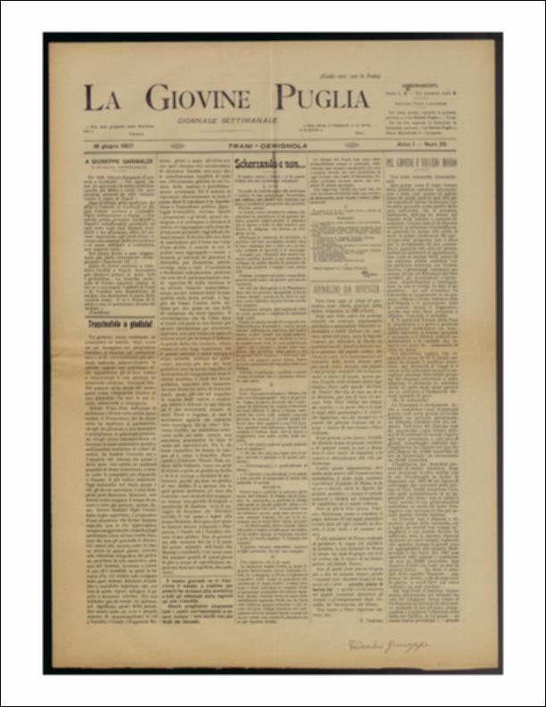 Il documento è parte della collezione del fondo libri digitalizzati della Biblioteca provinciale La Magna Capitana di Foggia, comprendente alcune monografie di diversi secoli e periodici del Novecento. Nello specifico si tratta del num. 25 dell'anno I de “La Giovine Puglia. Giornale socialista settimanale” del 16 giugno 1907. In seconda pagina, nuovamente si affronta il processo Strafile e si continua a parlare anche del governo provvisorio a Trani. Con questo si intese avvisare che le decisioni della festa di S. Nicola (occupazione di suolo pubblico, posizionare le insegne, aprire uno spaccio, etc.) sarebbero passate dall'Amministrazione comunale a D. Peppino Carcano e del sacerdote Vero, suo segretario, non nascondendo qualche perplessità sulle scelta per via di qualc...