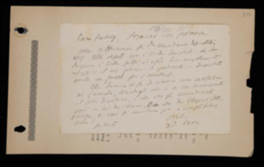Nella cartolina, Benedetto Croce invita Laterza a sollecitare la spedizione del materiale per i volumi di Friedrich W.J. Schelling e Johann F. Herbart nonché a rispondere alla richiesta di volumi da parte di Ricciotto Canudo.