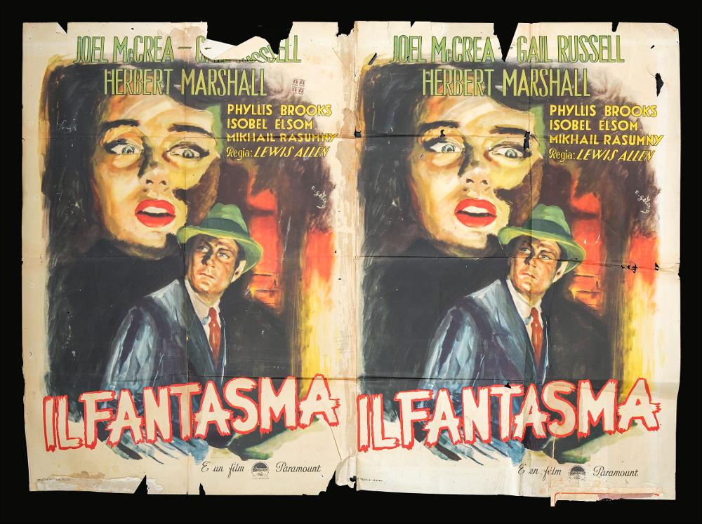 L'immagine riproduce uno dei manifesti conservati presso la Mediateca Regionale Pugliese (vedi Note). Si tratta della versione grafica per il manifesto del film "Il fantasma", a firma di Rinaldo Gèleng. Artista poliedrico ed eclettico, dopo gli studi d'arte, visse e lavorò per molti anni a Parigi, poi a Milano dove realizzò una serie di copertine per Mondadori e infine a Roma, dove realizzò alcuni manifesti per i film di Fellini. Il suo stile fresco e pittorico è fatto di pennellate liquide e sfumate, con spunti grafici originali, composizioni personali, in cui rivela la sua dote di ritrattista, come sul volto della protagonista Gail Russell, in cui l'uso dei chiaroscuri le dona grande intensità e volume. Gèleng seppe creare effetti visivi insoliti e un suo stile unico ...