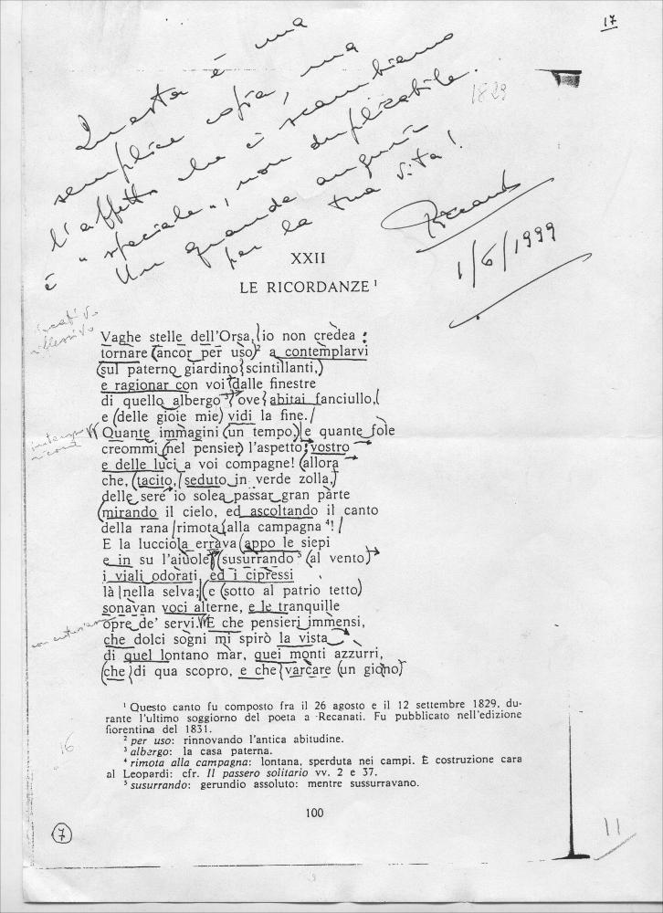 L'immagine è una scansione da originale di una pagina coi primi versi de “Le ricordanze” di Giacomo Leopardi, con scritte a matita di Riccardo Cucciolla, il cui foglio originale fu esposto insieme agli altri componenti l'intera poesia, in occasione della mostra "Riccardo Cucciolla - Ritratto d'Attore". Organizzata e voluta dall'Associazione culturale "Attraverso lo Spettacolo", insieme al Servizio Biblioteca e Comunicazione Istituzionale del Consiglio Regionale e l'Assessorato al Mediterraneo, Cultura e Turismo della Regione Puglia, d'intesa con l'Università di Bari, la temporanea fu allestita presso il Centro Polifunzionale per gli Studenti dell'Università degli Studi di Bari (Ex Palazzo Poste) dal 9 al 16 novembre 2012, con l'obiettivo onorare la memoria dell'attore p...