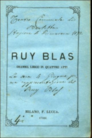 Il documento digitale riproduce il libretto teatrale del “Ruy Blas. Dramma lirico in quattro atti", conservato all'interno della Biblioteca comunale Sabino Loffredo di Barletta. Come indicato nella dicitura a penna riportata in copertina, il dramma fu eseguito la sera del 4 giugno del 1872 come prima rappresentazione del Ruy Blas a chiusura della stagione primaverile del Teatro Curci di Barletta.