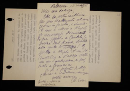 Nella cartolina, Benedetto Croce chiede a Laterza di spedirgli a Napoli, dove tornerà a breve, il manoscritto del volume “Principii della conoscenza umana e dialoghi tra Hylas e Filonous” di George Berkeley con un'autorizzazione a portarlo presso la tipografia Giannini; lo sollecita inoltre a far spedire le bozze del volume di Immanuel Kant a Giovanni Gentile.
