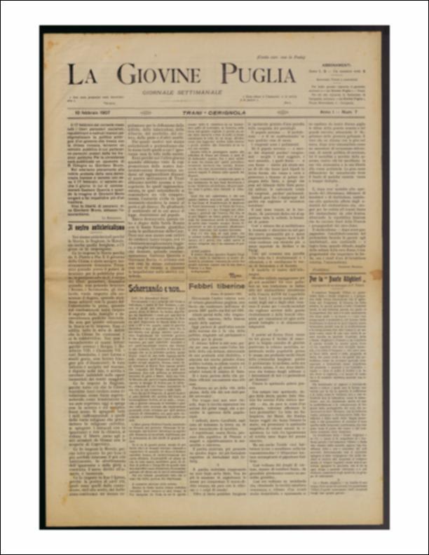 Il documento è parte della collezione del fondo libri digitalizzati della Biblioteca provinciale La Magna Capitana di Foggia, comprendente alcune monografie di diversi secoli e periodici del Novecento. Nello specifico si tratta del num. 8 dell'anno I de “La Giovine Puglia. Giornale socialista settimanale” del 10 febbraio 1907. Il giornale si apre con la notizia della programmazione di un comizio pubblico, al quale anche la Giovine Puglia aderì pienamente al grido di "Viva la libertà di pensiero; viva Giordano Bruno, abbasso l'oscurantismo". Nella rubrica "Scherzando e non...", Momo fa la sua solita analisi schietta ed ironica dell'attualità sociale. Questa volta, nel mirino ci sono principi e reali, duchi, accusati di furti e piccoli frodi, o affari di famiglia, come re...