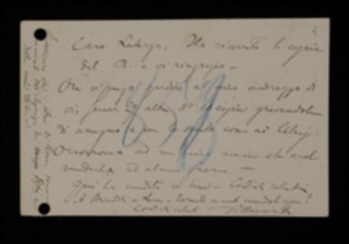 Nella cartolina, Pietro Chimienti informa Laterza di aver ricevuto le copie e ne chiede altre da passare a un amico per la vendita.