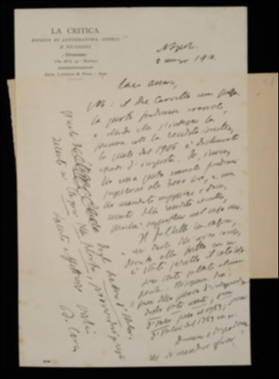 Soddisfatta una richiesta di Giovanni Laterza in merito a delle riserve avanzate sulle nomine di alcuni Senatori, tra cui Ferdinando Del Carretto, Benedetto Croce si scusa per un errore segnalato da Giovanni Faldella e occorso nella citazione di alcune opere di Carlo Botta nel catalogo degli Scrittori d'Italia. Il filosofo comunica poi la prossima spedizione dei primi originali della nuova collana e di altri originali per la collana filosofica.