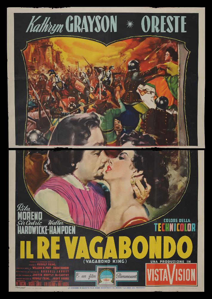 Il re vagabondo (The Vagabond King) è un film del 1956 diretto da Michael Curtiz, su sceneggiatura di Ken Englund, Brian Hooker, Noel Langley. Tra gli interpreti principali ricordiamo Kathryn Grayson e Oreste Kirkop.
Il manifesto cinematografico è opera del celebre pittore di cinema Enzo Nistri, romano classe 1923. Enzo firmò numerosissimi manifesti, realizzati sia per commedie sia per film drammatici, col suo stile semplice ed elegante. Il suo tratto raffinato ma intenso si accompagna a colori netti e contrastati, denotando il suo gusto per la resa dei volumi. Singolari le sue composizioni in cui spesso i protagonisti sono in primo piano e si stagliano nettamente rispetto allo sfondo, trasmettendo una forte carica emotiva.
Il manifesto originale è conservato nell’Archi...