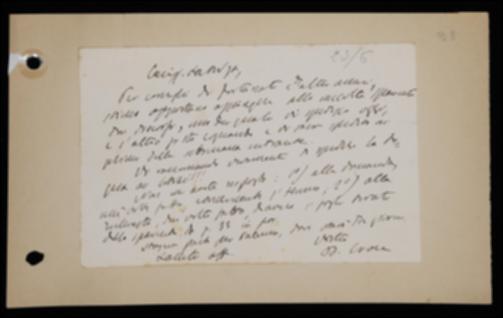 Nella cartolina Benedetto Croce informa Giovanni Laterza dell'opportunità di aggiungere due altri discorsi al volume di Silvio Spaventa e gli raccomanda di sbrigare la distribuzione del suo volume di logica. Croce sollecita poi l'editore a spedirgli alcuni fogli già tirati del medesimo volume di Spaventa e le bozze del volume di David Hume.