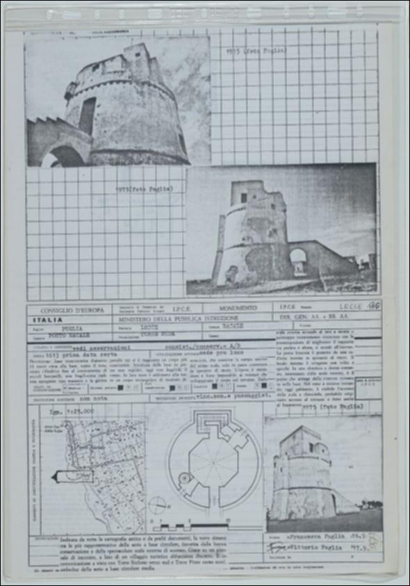 La scheda in oggetto è parte del volume “Censimento delle opere fortificate in Puglia”, risultato dell'attività promossa dalla Regione Puglia tra il 1981 e il 1982, per individuare e descrivere le principali costruzioni in muratura presenti nel territorio. Composta da due fogli sciolti, è redatta da Francesca Faglia il 16 settembre 1981. Torre Suda è situata a Racale in provincia di Lecce in zona costiera. La costruzione è attribuibile al XVII secolo e rappresenta una delle torri più rappresentative a base circolare della zona. La costruzione fortificata su due livelli si compone di un alto basamento troncoconico senza aperture di diametro di circa 11 metri sul quale s’innesta un corpo cilindrico. L’accesso al piano superiore è consentito tramite una scala esterna monum...