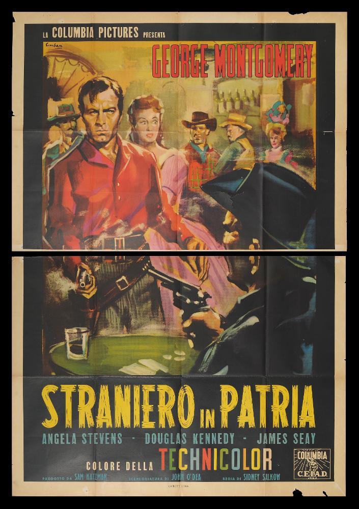 L'immagine riproduce uno dei manifesti conservati presso la Mediateca Regionale Pugliese (vedi Note). Si tratta di una delle versioni grafiche del manifesto del film western americano "Straniero in patria", a firma dell’illustratore Nicola Simbari (Simbari). Pittore di fama internazionale, seppe distinguersi per la «freschezza del suo tratto e la velocità di modellato» (Baroni, 2018). Le sue opere infatti si riconoscono subito per l'uso vitale ed espressivo del colore. Per il manifesto in oggetto l'artista concepisce una composizione molto narrativa, dove il linguaggio figurativo si mescola a tonalità cromatiche vivaci, a contrasto con i colori scuri dell'uomo di spalle in primo piano. Il risultato è un effetto scenografico accattivante e comunicativo, amplificato dal t...