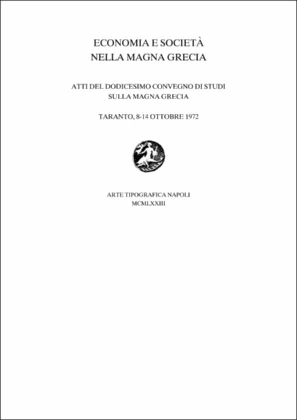 Il volume digitalizzato contiene gli Atti del dodicesimo convegno di Studi sulla Magna Grecia, svoltosi a Taranto dall'8 al 14 ottobre 1972 e pubblicato a cura del Centro Studi della Magna Grecia dell'Università di Napoli e dell'Ente provinciale per il turismo di Taranto. Tema del convegno fu "Economia e società nella Magna Grecia", un tema che apparentemente si allontanava dalla linea storico-archeologica seguita negli anni precedenti, ma analizzando gli interventi si comprende come proprio dalla storia e dalla archeologia si siano avuti spunti di discussione. Partendo da alcune campagne di scavo, soprattutto in Campania, si è dibattuto sulla struttura e funzione delle monetazioni arcaiche di Magna Grecia, sulla documentazione della cultura artistica dalla fine del V s...