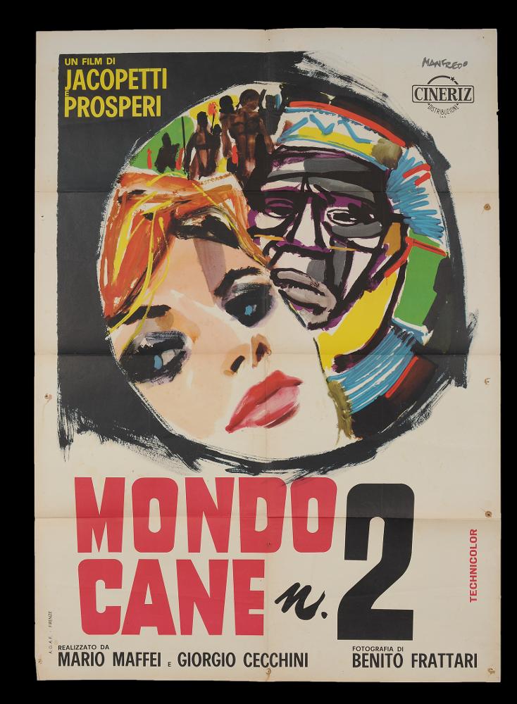 L'immagine riproduce uno dei manifesti conservati presso la Mediateca Regionale Pugliese (vedi Note). Si tratta del manifesto del film "Mondo cane n. 2", la cui composizione artistica è a firma di Manfredo Acerbo (Manfredo). Abruzzese di nascita, si forma a Roma all'Accademia di Belle Arti. La sua carriera lavorativa lo vede insegnante di pittura, grafico e illustratore per il cinema. Il suo stile si contraddistingue da un segno grafico espressionista, dall'accostamento del nero a colori accesi e da una composizione fatta di macchie e pennellate rapide, molto contemporanee, che certamente lo distingueranno dagli altri pittori di cinema, rendendolo inequivocabilmente riconoscibile. Le forme delle figure e dei personaggi sono così volutamente frammentati e imprecisi, spes...