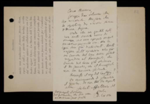 Dopo aver ringraziato Giovanni Laterza per le copie speditegli del volume dei lirici marinisti ed essersi complimentato per la sua buona riuscita, Benedetto Croce rifiuta l'offerta di ristampare, per correggerne gli errori, un suo opuscolo nuziale, essendo già stato distribuito. Il filosofo inoltre, nel rispondere ad un'affermazione del Laterza, osserva che Ettore Romagnoli ignora il pensiero di Francesco De Sanctis; infine domanda se l'editore abbia ricevuto la parte inviata del manoscritto per il volume di René Descartes, lo invita a sollecitare Emilio Cecchi e a far reclamizzare il volume di Giuseppe Ferrarelli.