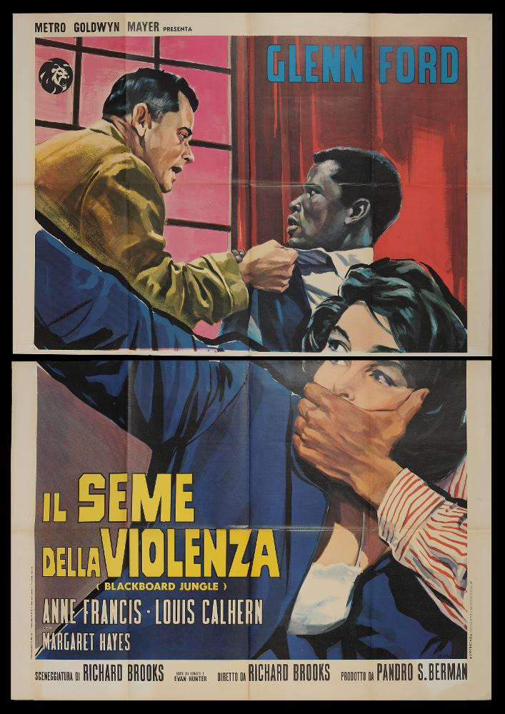Il seme della violenza (Blackboard Jungle) è un film del 1955 diretto da Richard Brooks, trasposizione cinematografica dell'omonimo romanzo del 1954 a firma Evan Hunter.
Il manifesto cinematografico è firmato dal celebre pittore di cinema Ercole Brini, romano classe 1913. Acquerelli dai colori vivaci danno vita a figure che si fondono l’una nell’altra e si stagliano protagoniste di composizioni caratterizzate da uno stile dinamico e moderno.
Il manifesto originale è conservato nell’Archivio della Mediateca Regionale Pugliese ed è costituito da due fogli separati....
