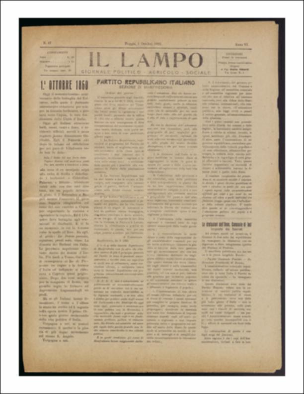 ll documento è parte della collezione del fondo libri digitalizzati della Biblioteca provinciale La Magna Capitana di Foggia, comprendente alcune monografie di diversi secoli e periodici del Novecento. Nello specifico si tratta del periodico “Il lampo – Giornale politico - agrario - sociale”, pubblicato il 1 ottobre 1922. In prima pagina un articolo che celebra il 62° anniversario della Battaglia del Volturno, ritenuta una delle più importanti battaglie del Risorgimento, tanto per il numero dei combattenti coinvolti che per i risultati ottenuti da Garibaldi che arrestò la ripresa offensiva dell'esercito borbonico dopo la sua ricostruzione tra le mura di Capua. Segue il resoconto dell'assemblea generale degli iscritti al Partito Repubblicano Italiano della sezione di Man...