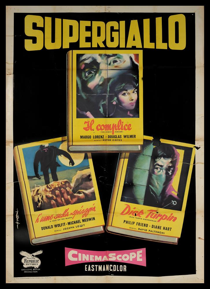 L'immagine riproduce uno dei manifesti conservati presso la Mediateca Regionale Pugliese (vedi Note). Si tratta del manifesto del film "Supergiallo", film inglese fatto di tre episodi. La composizione è a firma di Sandro Simeoni (o Symeoni, come è più conosciuto), artista noto per essere uno dei pittori di cinema più prolifici, che si distinse per una grande pittoricità, un gusto originale basato sulla bellezza formale e più tardi per composizioni moderne basate su ritmi spezzati e drammatici. Per l'opera in questione, Symeoni adotta un'idea molto decorativa e molto comunicativa, con la rappresentazione di tre scene tratte dai tre episodi di cui si compone Supergiallo, che diventano le illustrazioni delle copertine di tre libri gialli. Tutto l'insieme è reso così molto ...