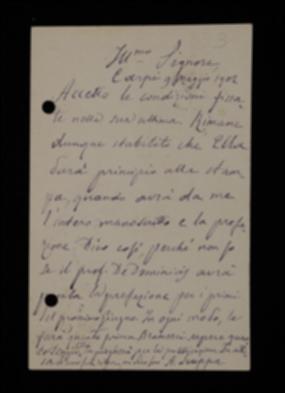 Nella cartolina, Angelo Scuppa accetta le condizioni contrattuali fissate da Laterza per la pubblicazione del volume e comunica un possibile ritardo da parte del prefatore Saverio De Dominicis.