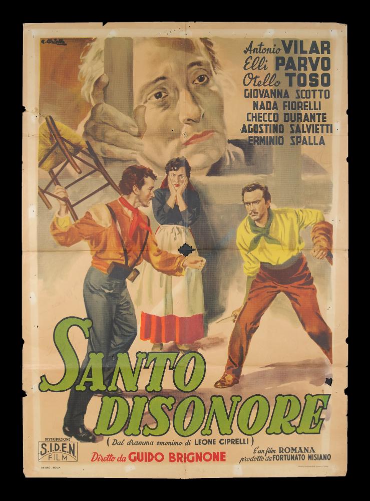 L'immagine riproduce uno dei manifesti conservati presso la Mediateca Regionale Pugliese (vedi Note). Ciriello firma il dipinto per il manifesto del film italiano "Santo disonore". Il pittore da subito mostrò un linguaggio elaborato e uno stile pittorico colto e maturo, sia nel ritratto che nelle scene narrative. Il colore e le sfumature volumetriche hanno sempre caratterizzato le sue opere, i suoi tocchi di colore morbidi sono "emotivi", denotano una comunicazione visiva chiara e coinvolgente. Spesso Ciriello sceglie di rappresentare il momento più drammatico del film, come in questo caso in cui una lotta "d'onore" tra due uomini sembra che stia per cominciare e una donna in secondo piano è visibilmente preoccupata di quanto sta per accadere. La drammaticità della scen...