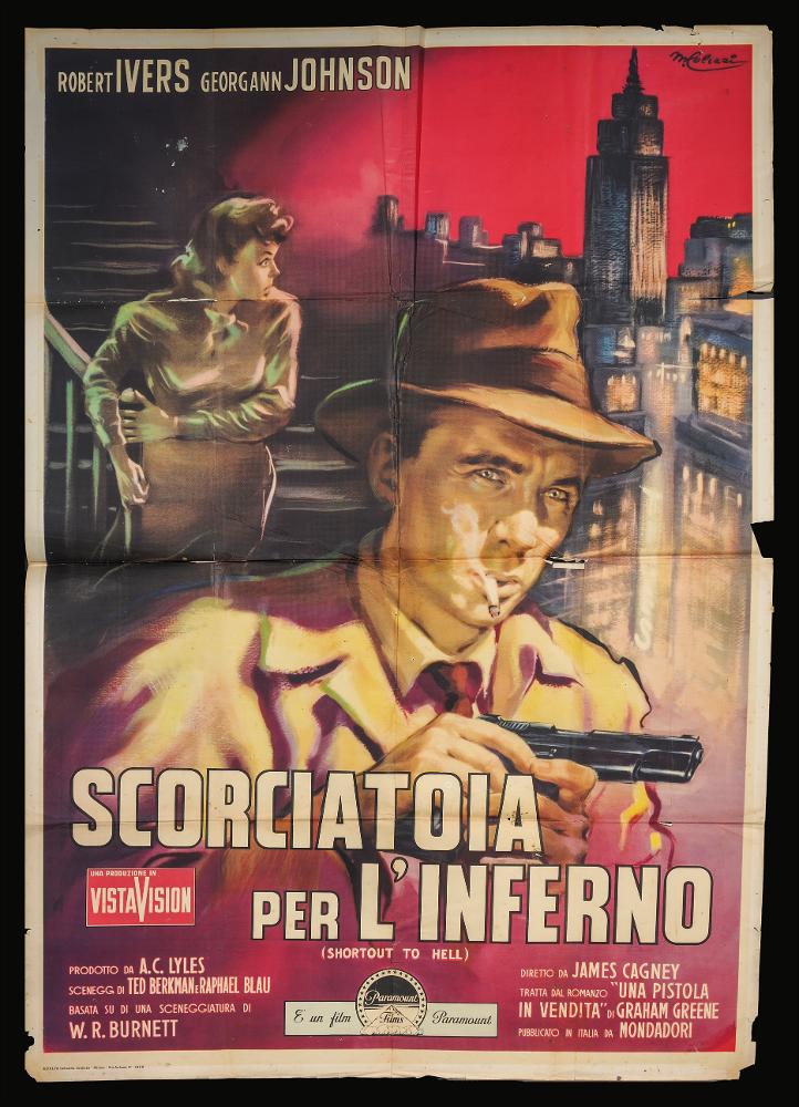 L'immagine riproduce uno dei manifesti conservati presso la Mediateca Regionale Pugliese (vedi Note). Si tratta di una delle versioni grafiche del manifesto del film “Scorciatoia per l'inferno”, del 1957 per la regia di James Cagney, basato sul romanzo "Una pistola in vendita" di Graham Green. Il manifesto è a firma di Marcello Colizzi (M. Colizzi) tra i maggiori rappresentanti dei cartellonisti italiani del cinema, figlio d’arte, ricordiamo il padre Gioacchino Colizzi (Attalo). Colizzi vanta un repertorio di circa 300 manifesti per il cinema nazionale ed internazionale, a firma sia personale che sotto lo studio professionale d’arte e di fotografia di Ercole Brini. L’illustrazione immortala una scena del film che vede in primo piano la protagonista e un uomo che le porg...