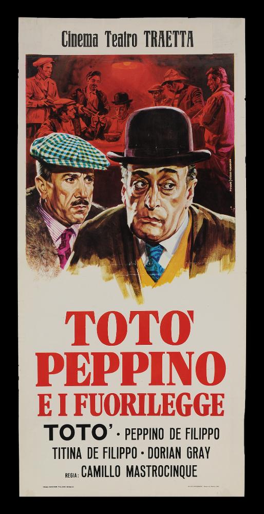 L'immagine riproduce uno dei manifesti conservati presso la Mediateca Regionale Pugliese (vedi Note). Si tratta di una delle locandine del film in bianco e nero “Totò, Peppino e i fuorilegge”, del 1956 per la regia di Camillo Mastrocinque. La firma della locandina è di Piovano per lo Studio Paradiso, con il quale realizzerà molti manifesti per il cinema. In primo piano, ancora una volta, l’artista ritrae fedelmente i volti dei due protagonisti Totò e Peppino, confermando le qualità stilisti dell’autore e la sua attenzione per i dettagli. Sullo sfondo è rappresentata una delle scene più significative del film, Antonio (Totò) accerchiato da uomini armati, costretto a mangiare perché sottoposto ad un ricatto. La scena è caratterizzata dall’uso del rosso, colore che contrib...