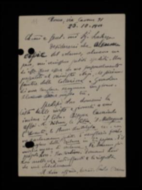 Nella cartolina, Paolo Orano sollecita l'invio di due copie per consegnarne una al Ministro Nunzio Nasi. Avvisa Laterza che spedirà la lista di destinatari cui inviare altre copie per le recensioni.
