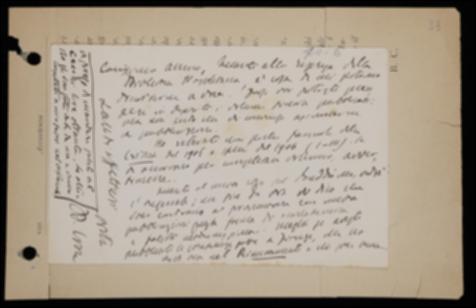 Nella cartolina Benedetto Croce comunica a Giovanni Laterza di aver ritirato alcuni fascicoli de "La Critica" e lo prega di effettuare una spedizione dell'ultimo fascicolo del medesimo periodico. Gli sconsiglia poi di assumere la pubblicazione della collana "Biblioteca napoletana di storia e letteratura" e gli suggerisce di pubblicare alcune conferenze svolte a Firenze invece della traduzione italiana del volume "Buddhist and Christian Gospels" di Albert J. Edmunds.
