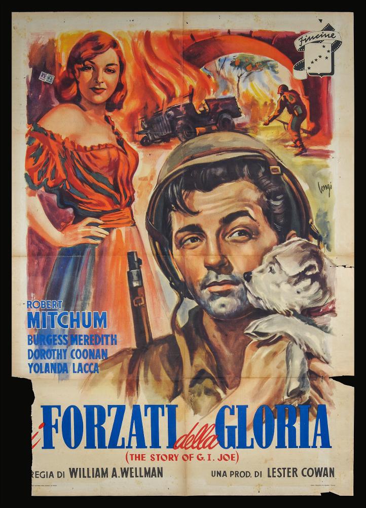 L'immagine riproduce uno dei manifesti conservati presso la Mediateca Regionale Pugliese (vedi Note). Si tratta della versione grafica del manifesto del film americano "I forzati della gloria", a firma di Longi (Carloantonio Longi). In molte composizioni pittoriche, l'artista si esprime mettendo in risalto la figura femminile, facendosi interprete di quella tendenza degli anni '50 nella quale la bellezza della donna è esaltata sia nei film sia nella pittura da cinema. Accanto alla figura sensuale di Dorothy Coonan, qui però ritrae dolcemente in primo piano anche il soldato americano interpretato da Robert Mitchum, per raccontare in modo intimo alcune storie di vita durante la seconda Guerra Mondiale, a Roma. Il forte realismo dei volti è una caratteristica del pittore, ...
